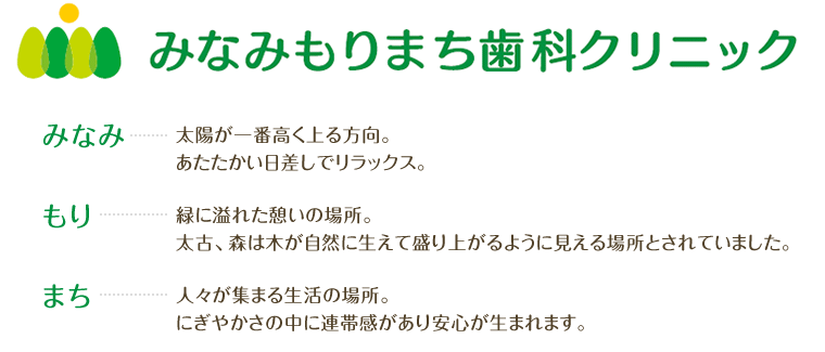 みなみ…太陽が一番高く上る方向。あたたかい日差しでリラックス。　もり…緑に溢れた憩いの場所。「盛り」太古、森は木が自然に生えて盛り上がるように見える場所とされていました。　まち…人々が集まる生活の場所。にぎやかさの中に連帯感があり安心が生まれます。