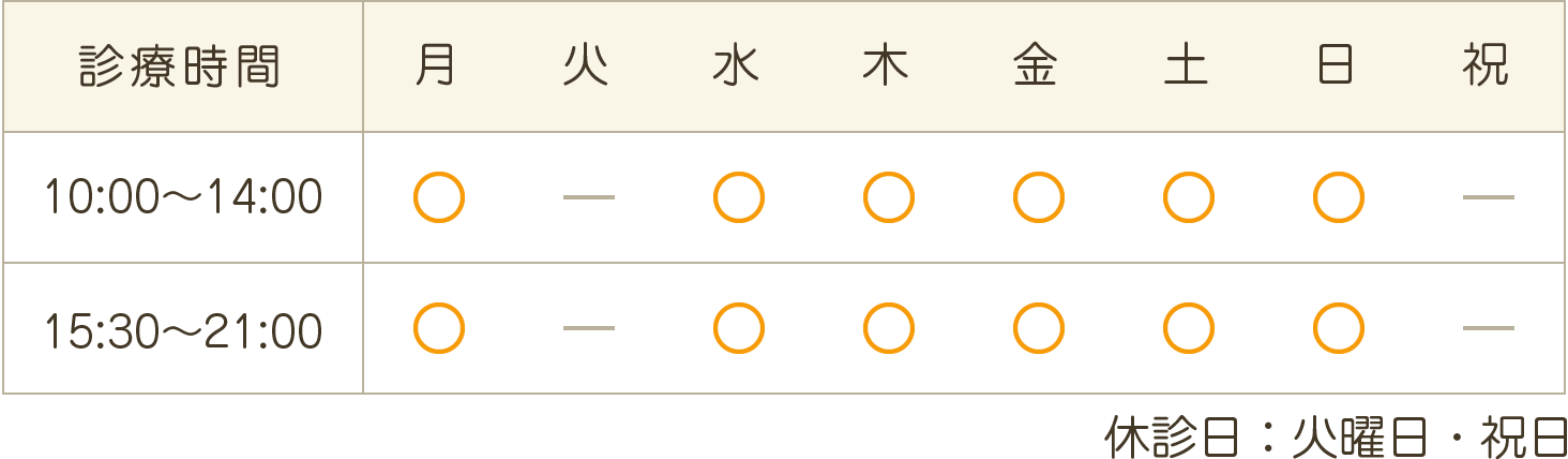 10:00～14:00 15：30～21:00【休診日】火曜・祝日