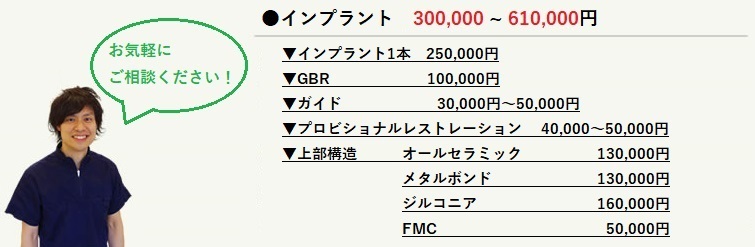 インプラント治療料金表です。お気軽にご相談ください。