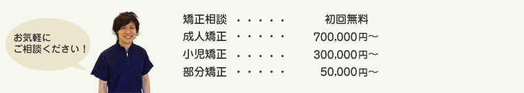 矯正歯科治療料金表です。お気軽にご相談ください。